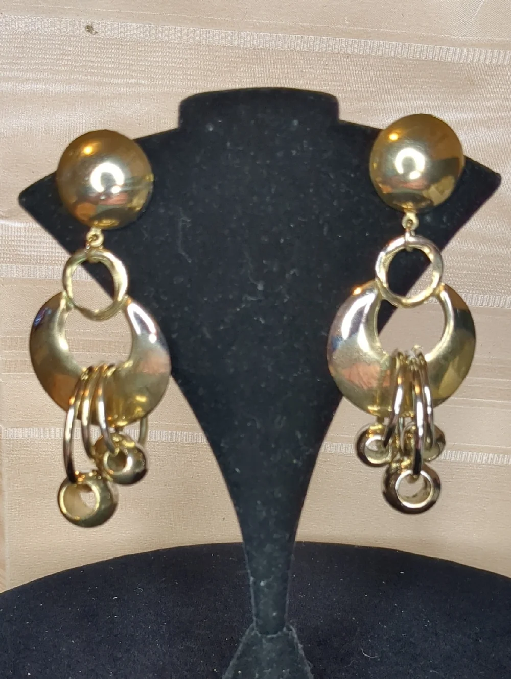 Vintage 80s Gold Multi Hoop Dangle Earrings Modernist Chandelier Pierced